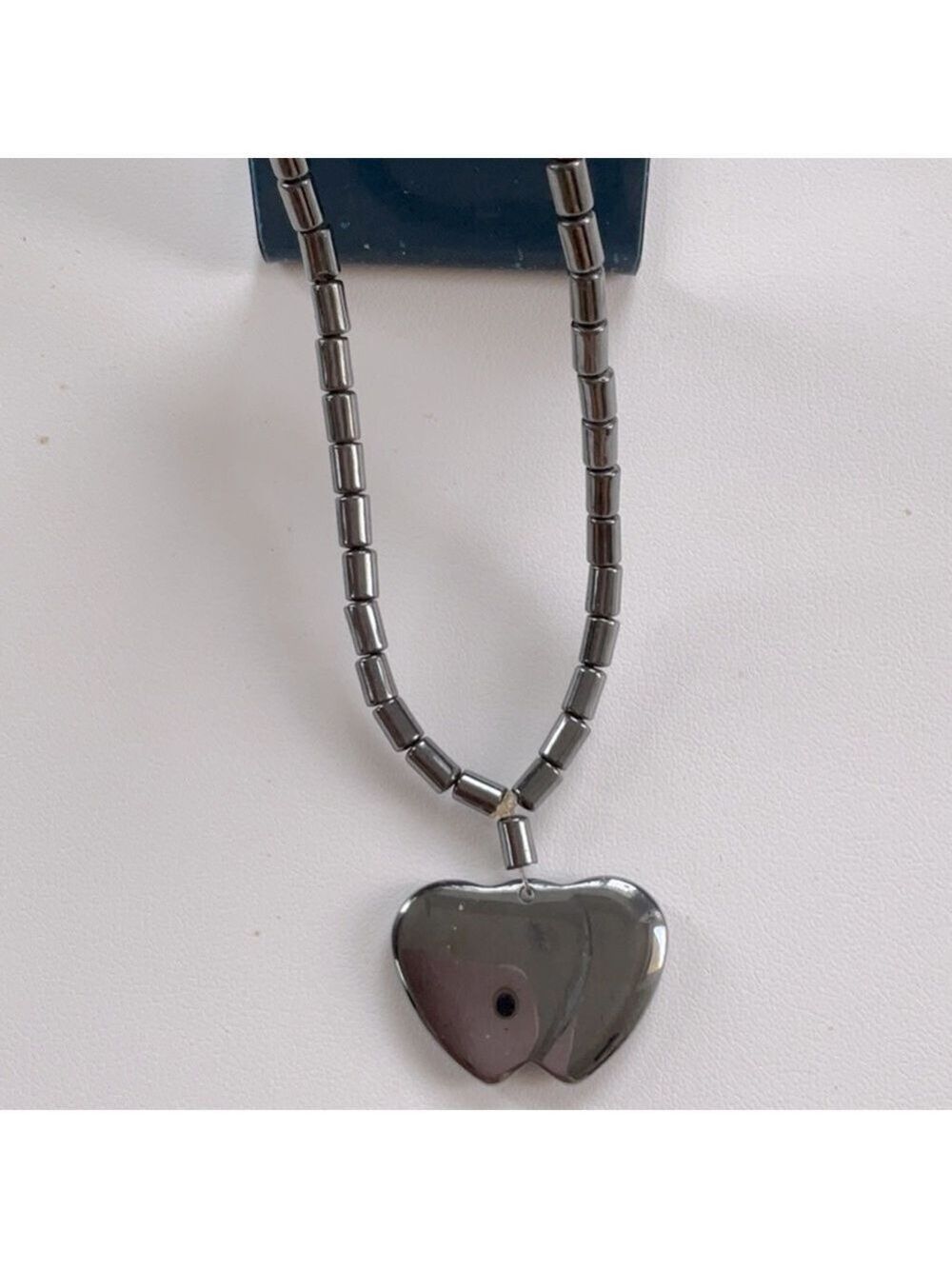 Hematite Polished Stone Heart Beaded Necklace Vintage